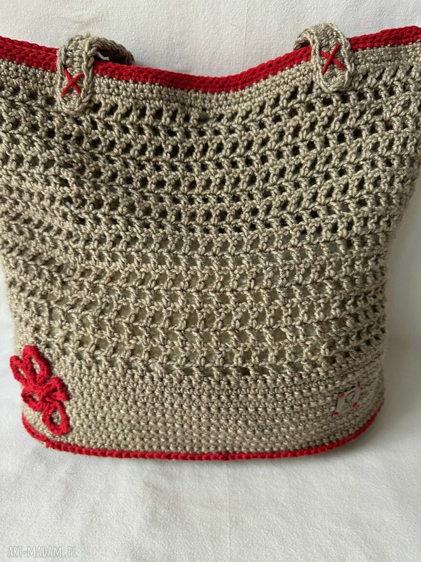 Torebka-koszyk LUNA handmade na ramię - boho beż i czerwień