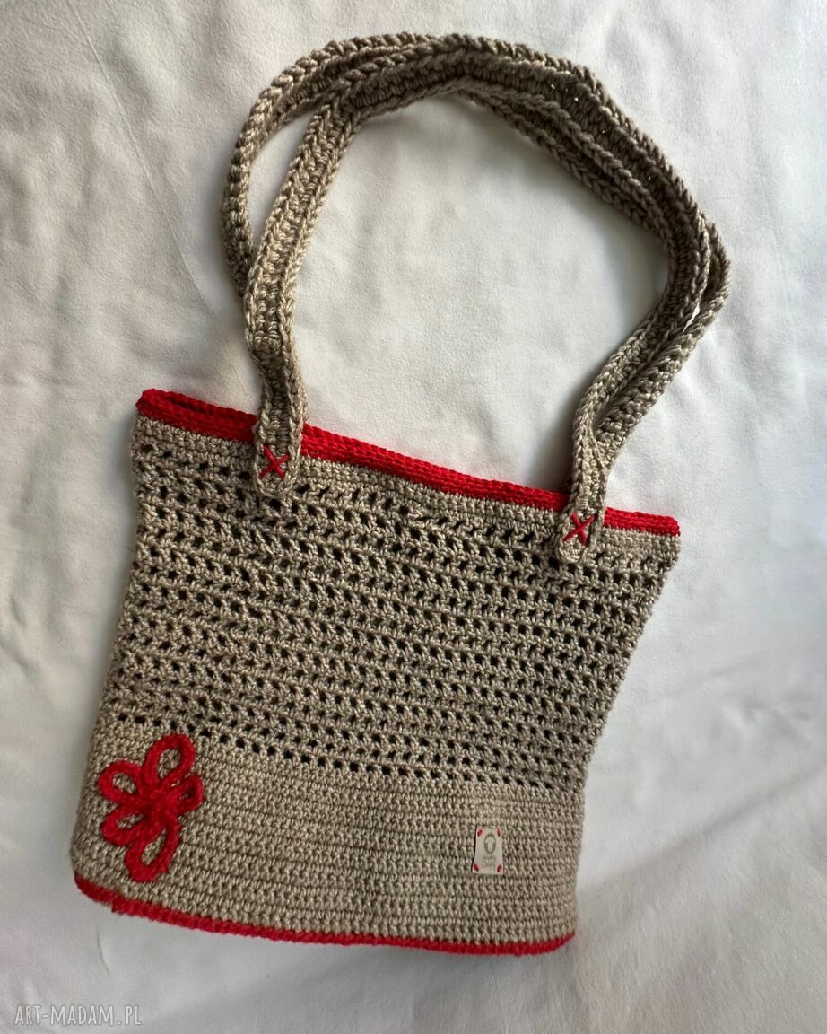 Torebka-koszyk LUNA handmade na ramię - boho beż i czerwień