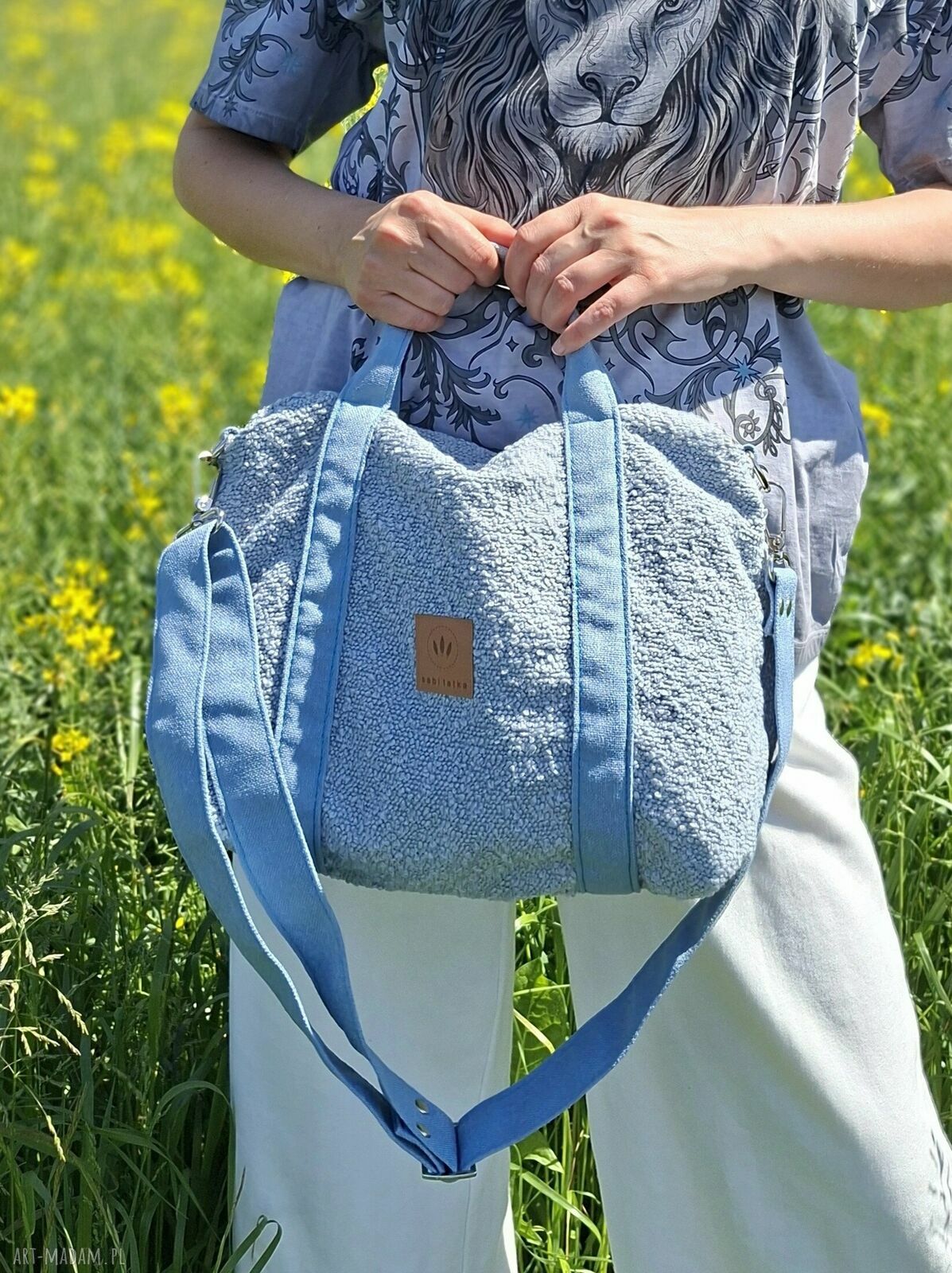 Torebka kuferek z tkaniny boucle - Niebieski travel bag