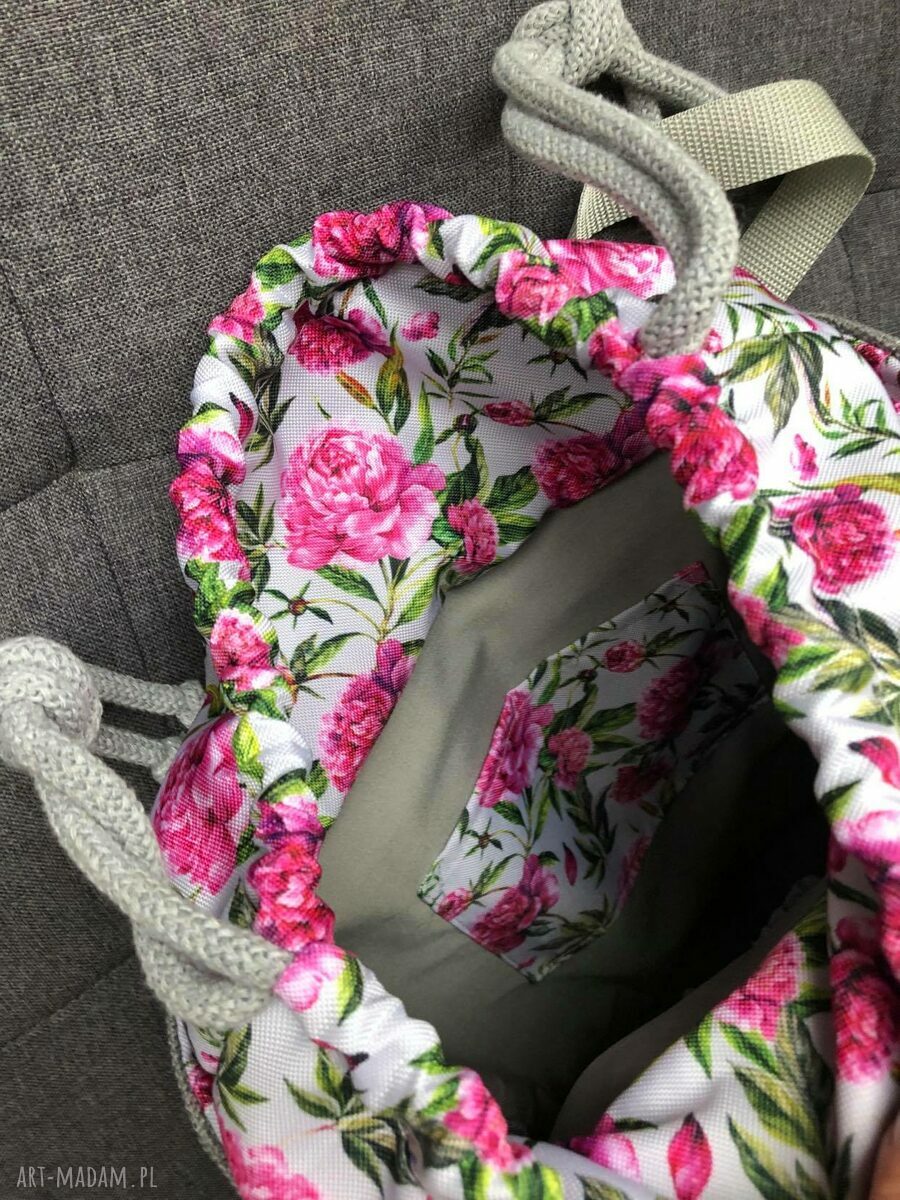 Torebka April Mini szara - piwonie na szarym tle na ramię (tote bag) - ręcznie szyta