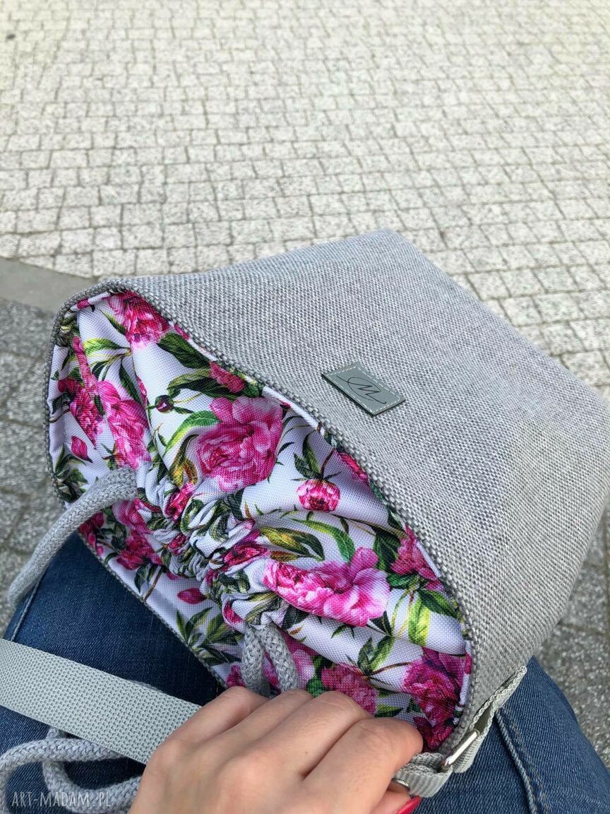 Torebka April Mini szara - piwonie na szarym tle na ramię (tote bag) - ręcznie szyta