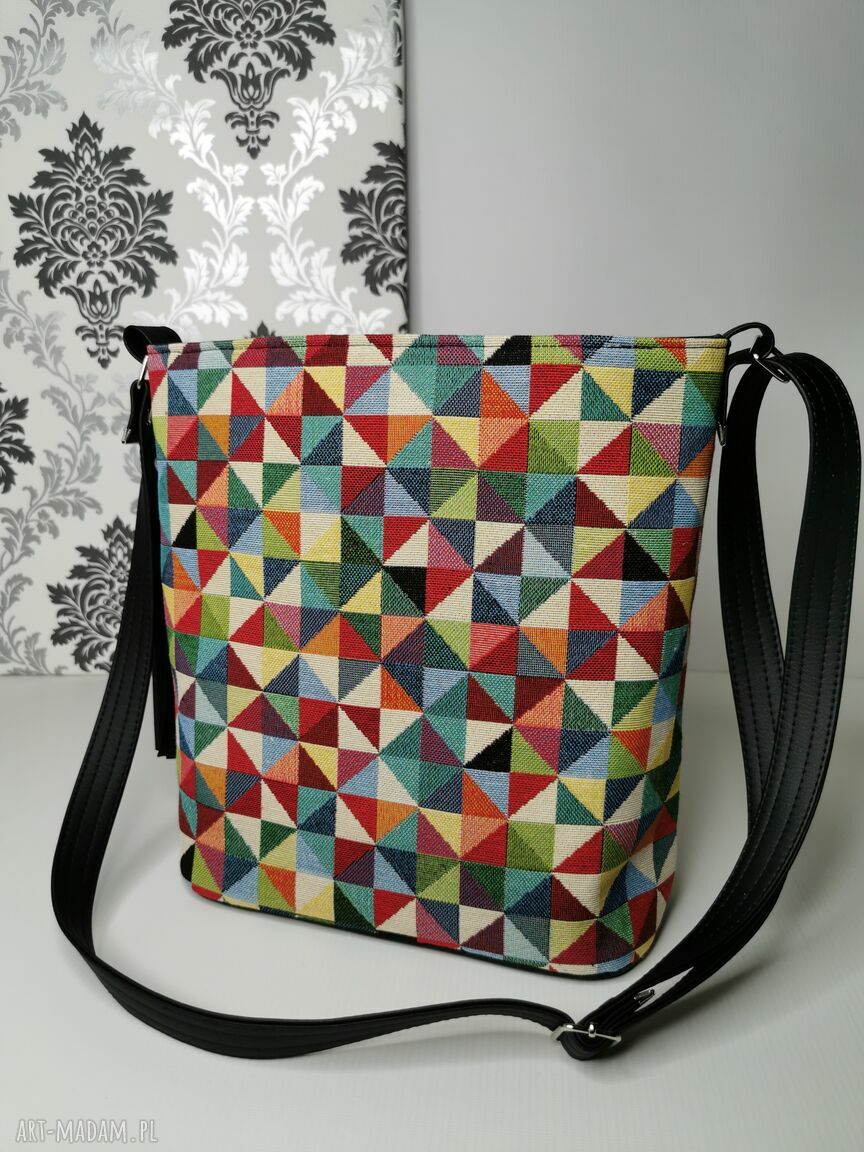 Torebka listonoszka na ramię - kolorowy geometryczny żakard 4