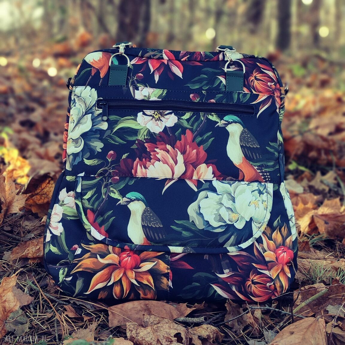 Torebka listonoszka ptaki i piwonie z czarnymi rączkami (wodoodporna, handmade)