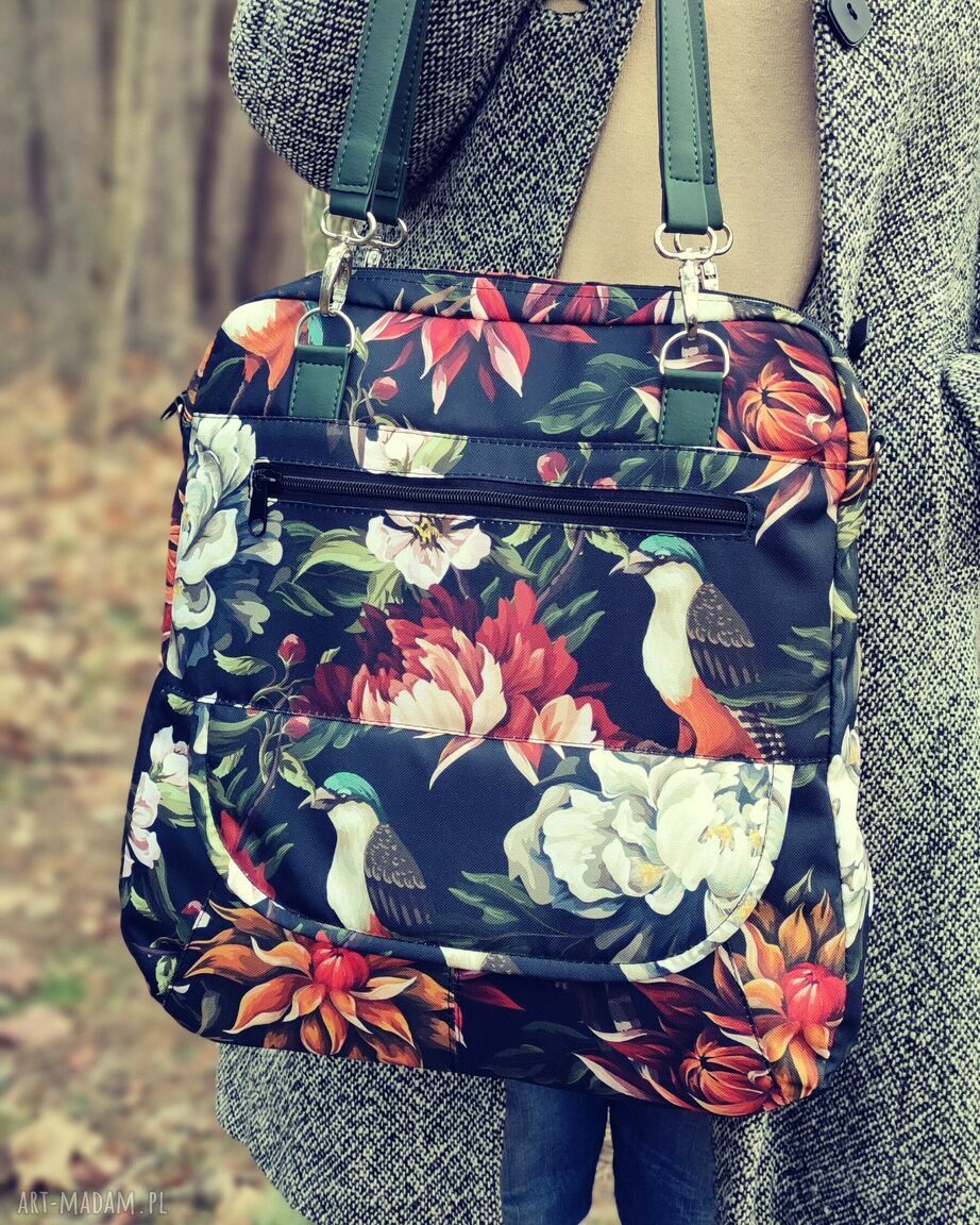 Torebka listonoszka ptaki i piwonie z czarnymi rączkami (wodoodporna, handmade)