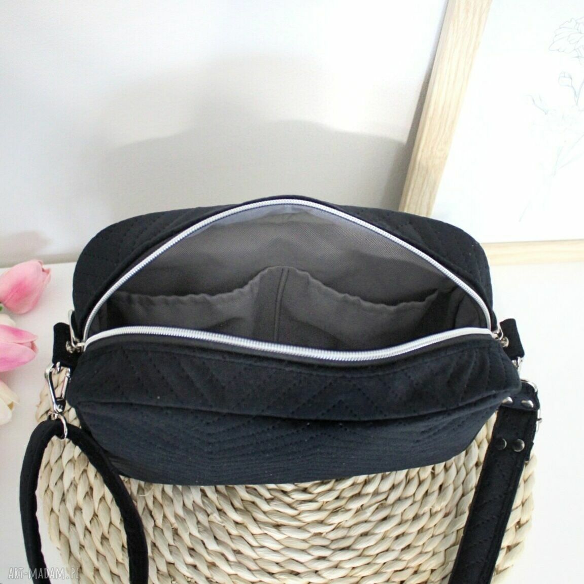 na ramię: Torebka listonoszka z czarnego weluru Ręcznie zrobione