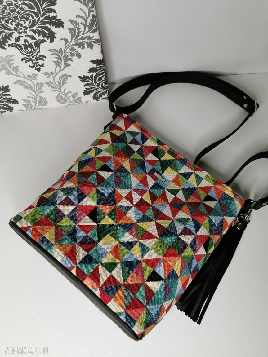 Torebka listonoszka na ramię - kolorowy geometryczny żakard 4