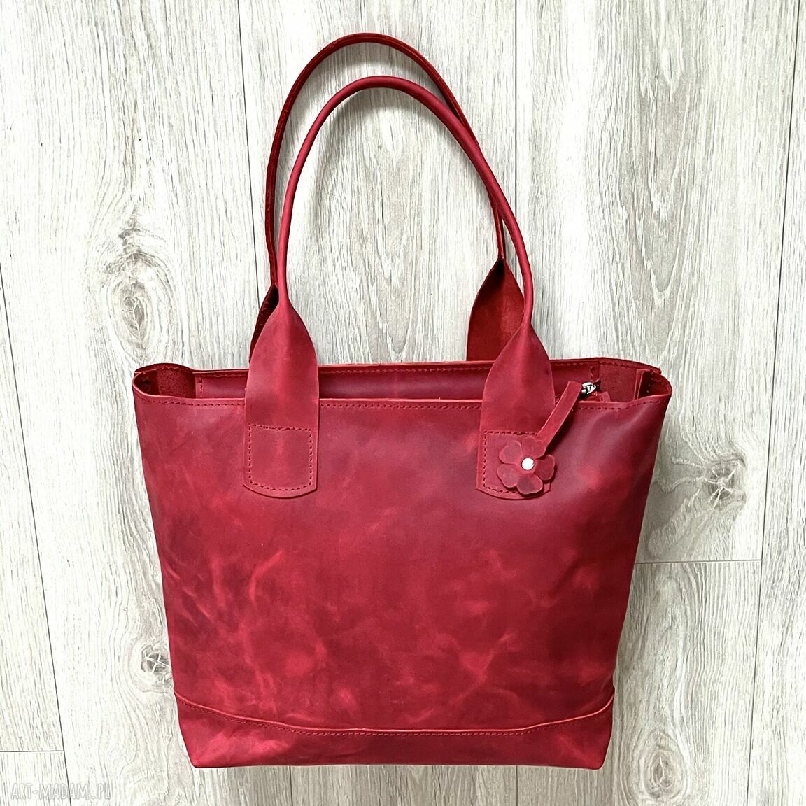 na ramię: Czerwona torba Shopperka ze skóry „Crazy Horse” ręczne wykonanie