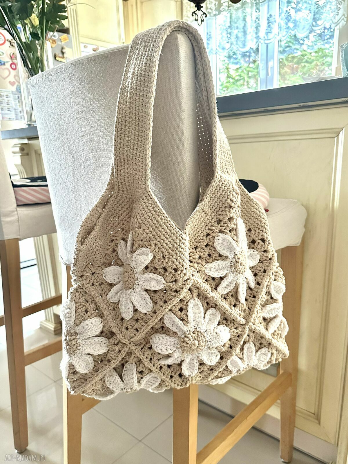 Letnia torebka na ramię handmade w kwiaty z lnu, bawełny i wiskozy