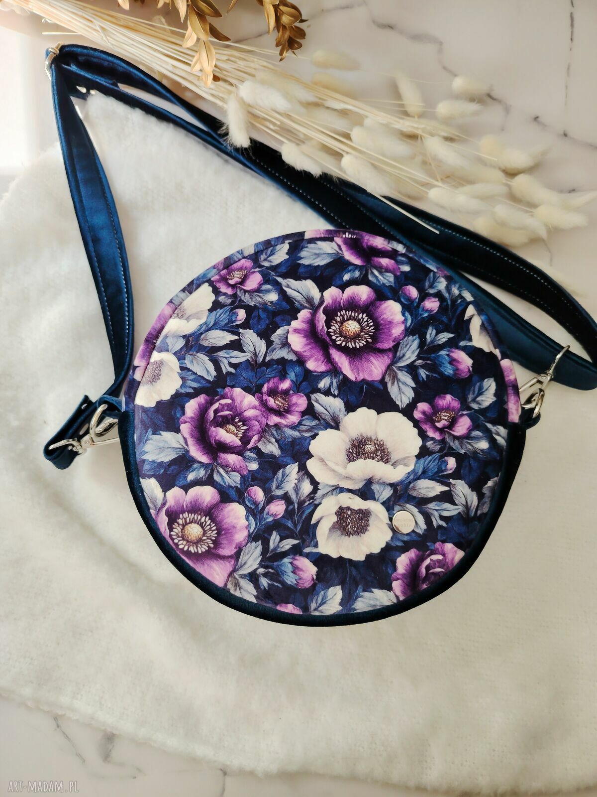 Torebka okrągła z weluru w kwiatowy wzór - handmade