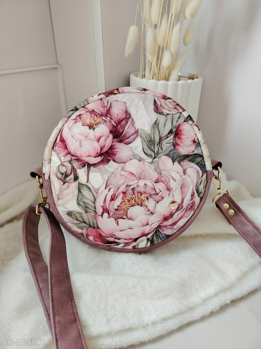 Okrągła torebka z weluru - różowe piwonie handmade