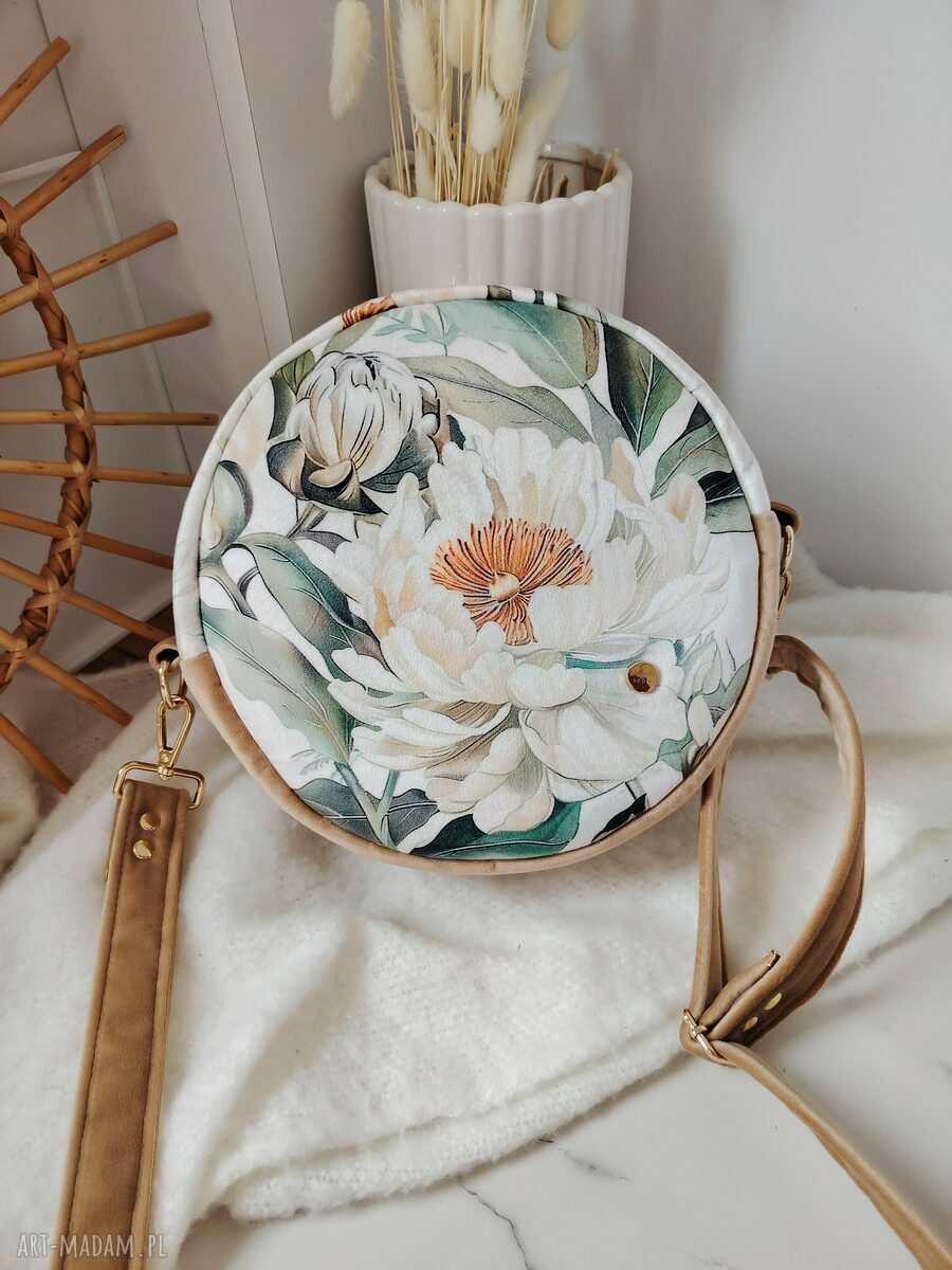 Torebka okrągła z weluru w kwiaty - handmade
