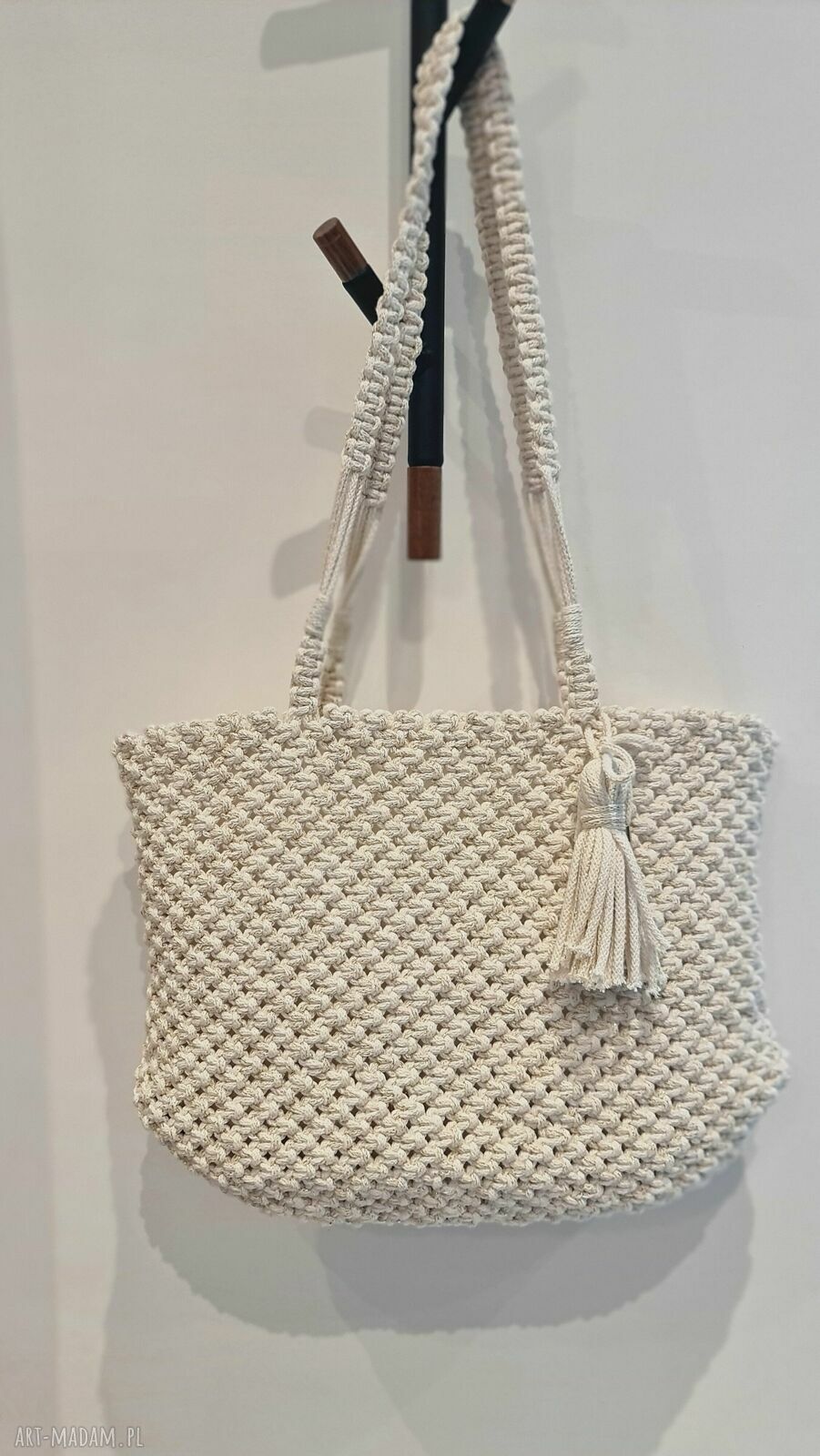 Pleciona torebka na ramię handmade z sznurka - mleczna biel i złota nić