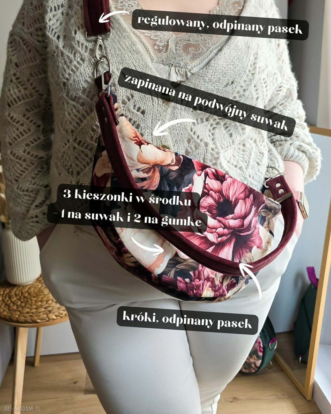 Torebka półokrągła Luna w piwonie - handmade na ramię i przez ramię