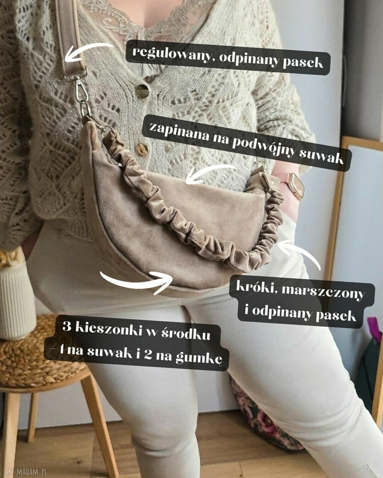 Torebka Półokrągła Luna z Weluru - marszczony pasek i 3 kieszonki