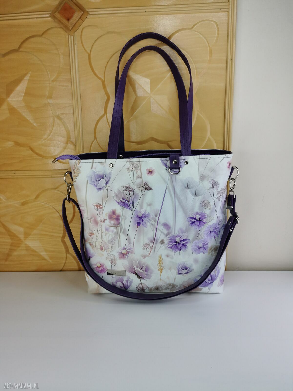 Torebka shopper w kwiaty z kosmetyczką i dopinanym portfelikiem