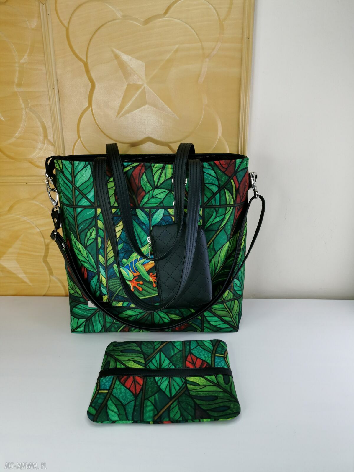 Kolorowa torebka shopper na ramię z kosmetyczką i portfelikiem