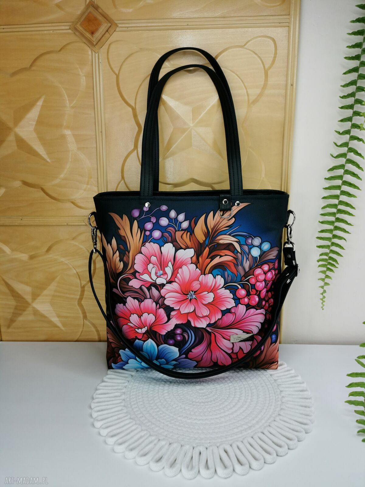 Pojemna torebka shopper na ramię w kwiaty z kosmetyczką