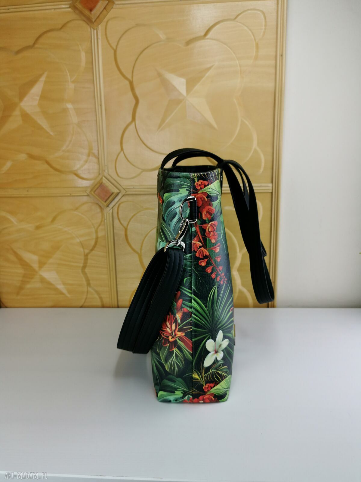 Torebka shopper na ramię w kwiaty z kosmetyczką i portfelikiem