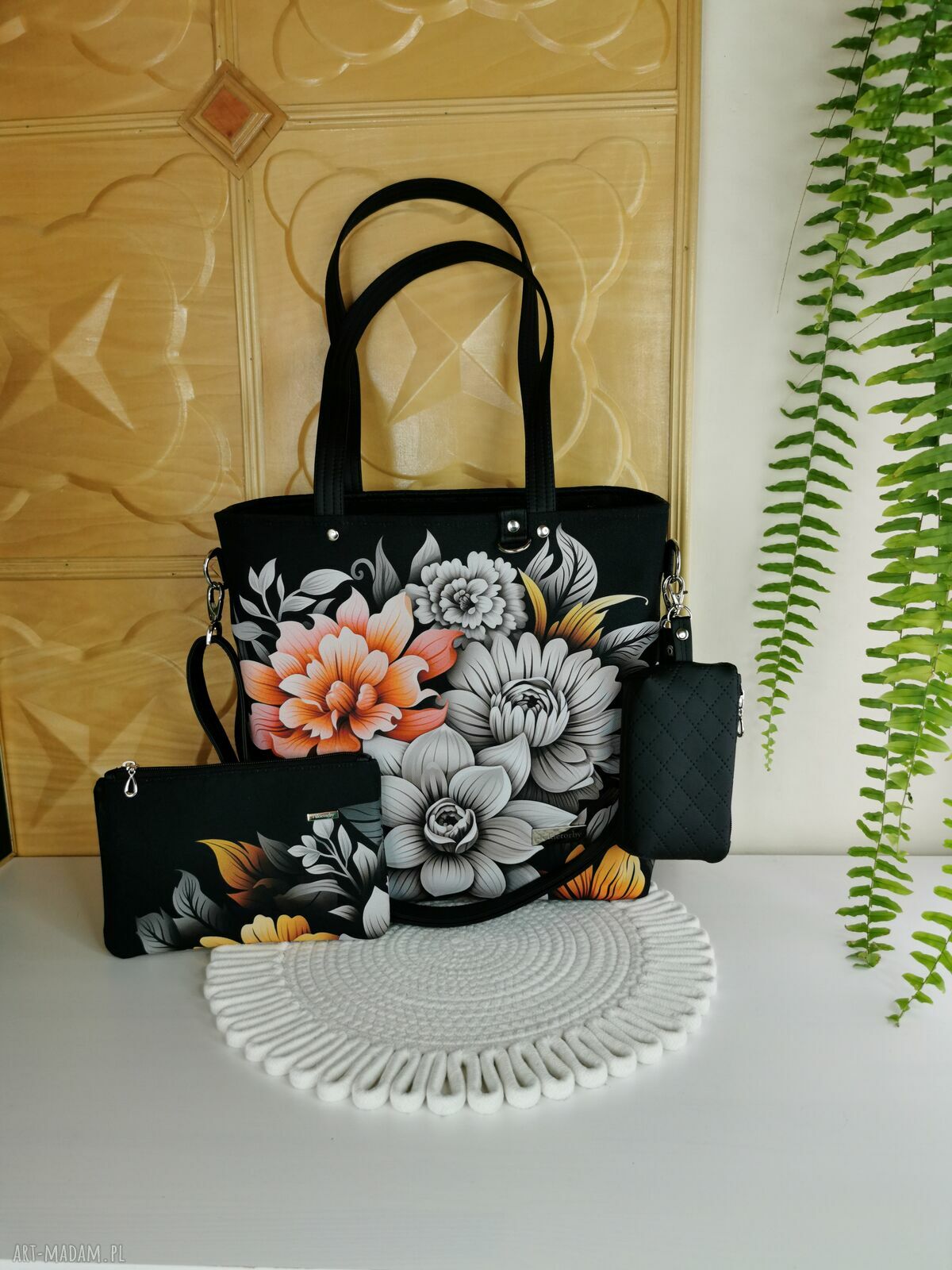 Kwiatowa torebka shopper handmade z kosmetyczką i portfelikiem