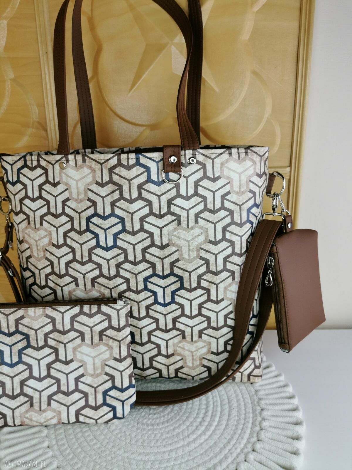Pojemna torebka shopper handmade z kosmetyczką i portfelikiem
