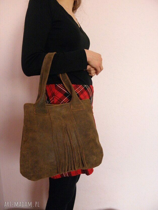 Torebka skórzana 'Medium' na ramię - handmade z frędzlami i skórą antyczną