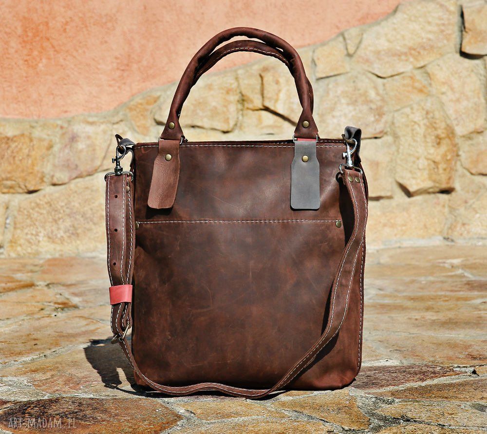 Brązowa torebka skórzana na ramię handmade - crossbody z kieszeniami