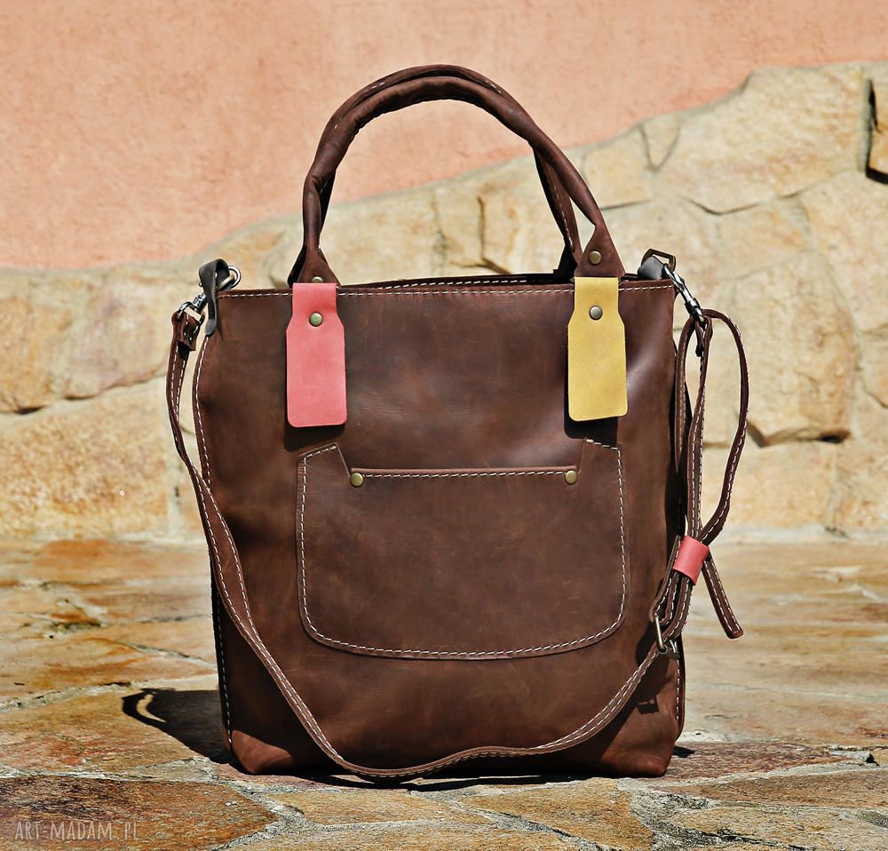 Brązowa torebka skórzana na ramię handmade - crossbody z kieszeniami