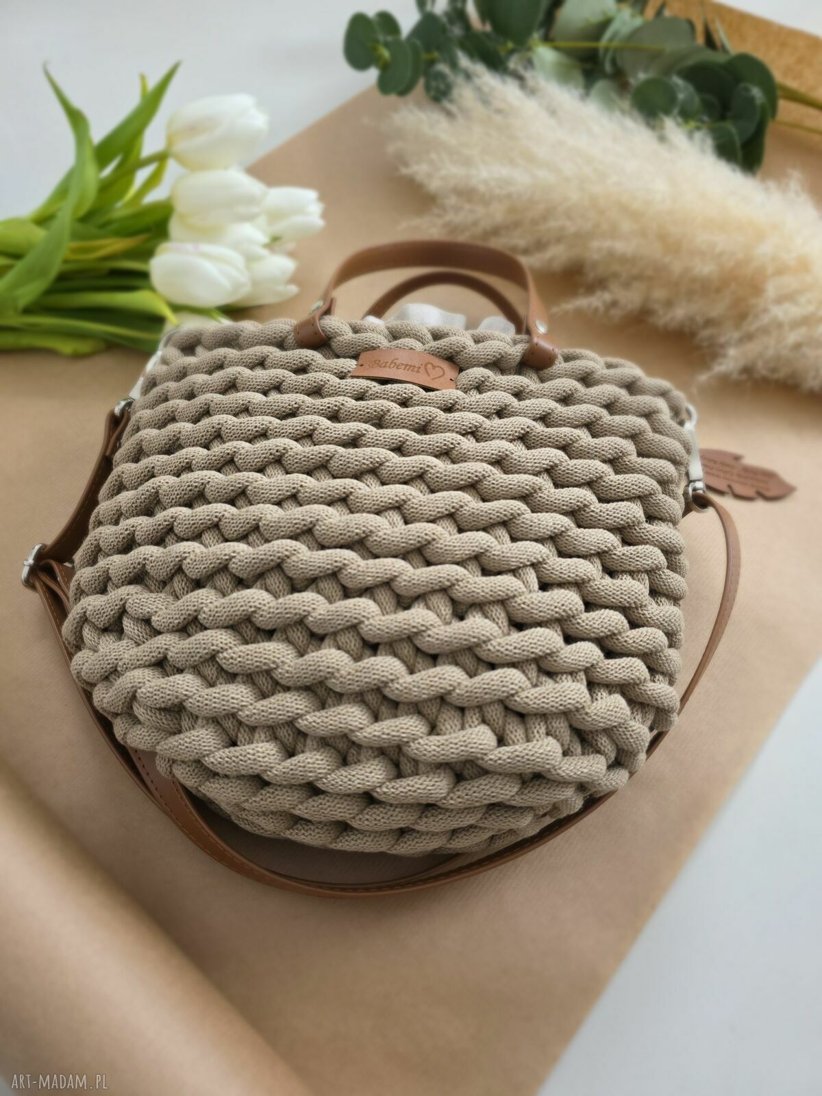 Piaskowa torebka Boho Wave Bag z grubego sznurka bawełnianego, ręcznie robiona na szydełku