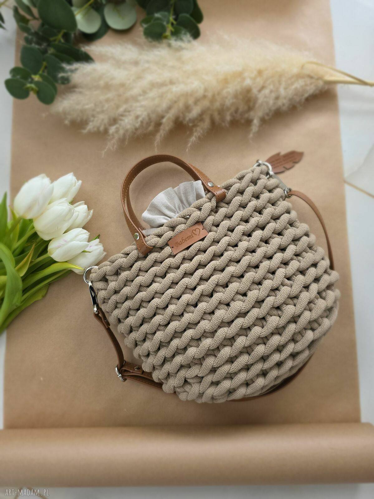 Piaskowa torebka Boho Wave Bag z grubego sznurka bawełnianego, ręcznie robiona na szydełku