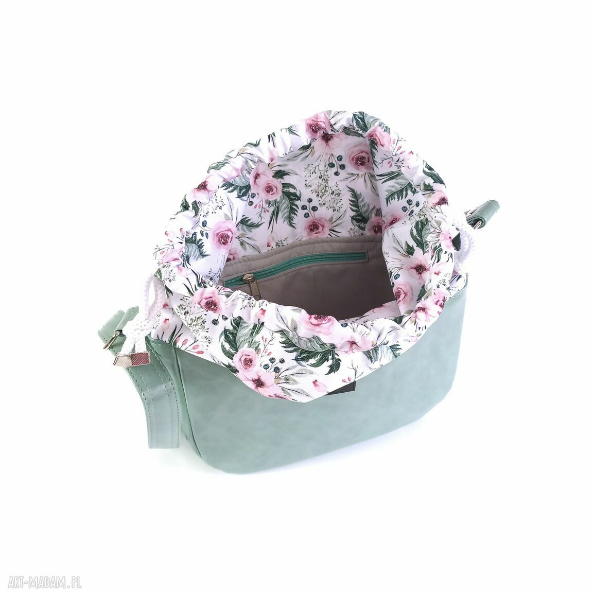 Torebka z kominem mięta crossbody - pojemna A5, regulowany pasek i kieszenie na zamek
