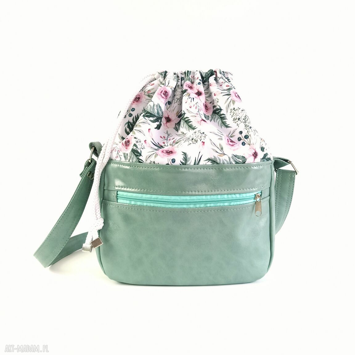 Torebka z kominem mięta crossbody - pojemna A5, regulowany pasek i kieszenie na zamek