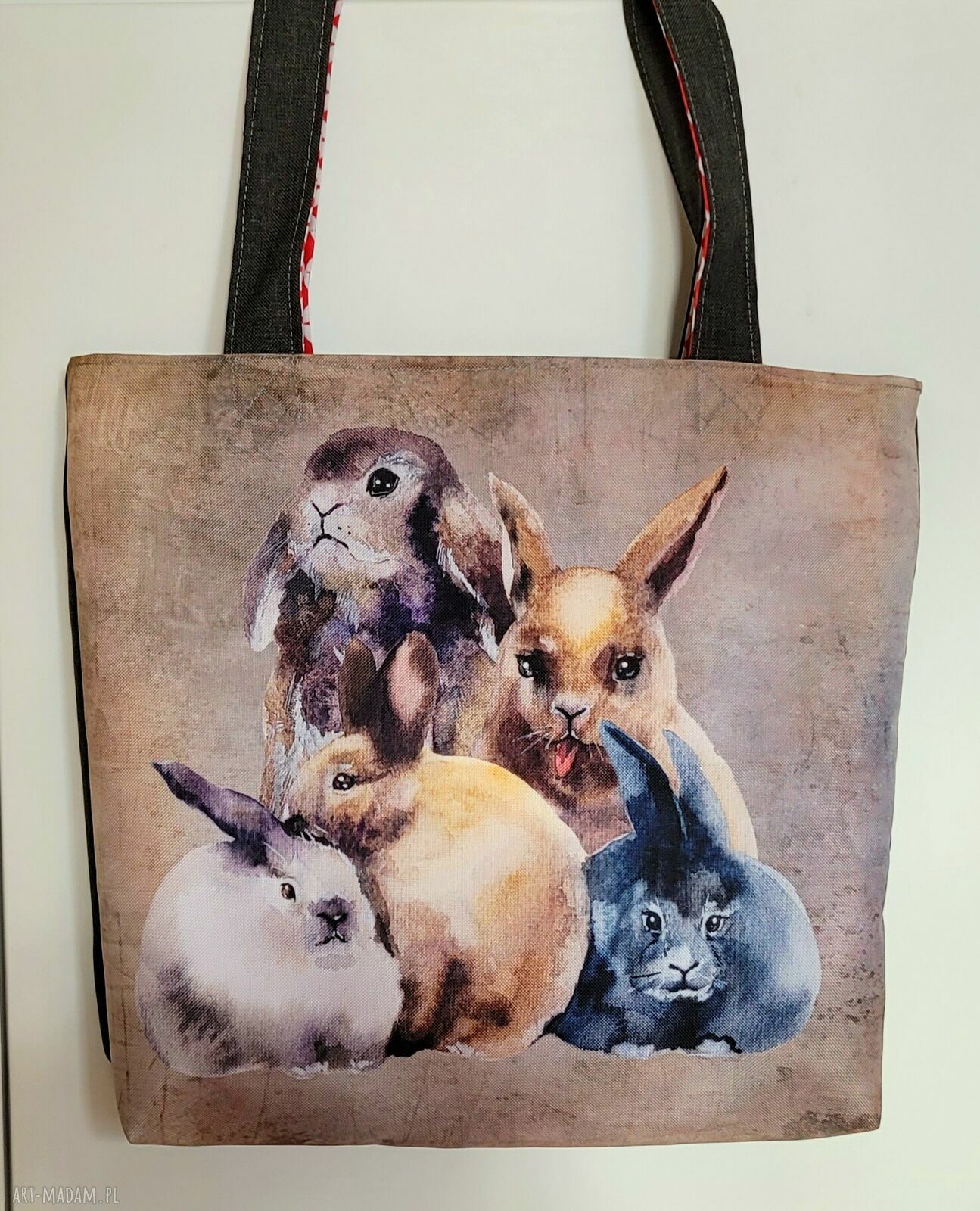 Torebka na ramię z tkaniny wodoodpornej - króliczki i shopperka A4