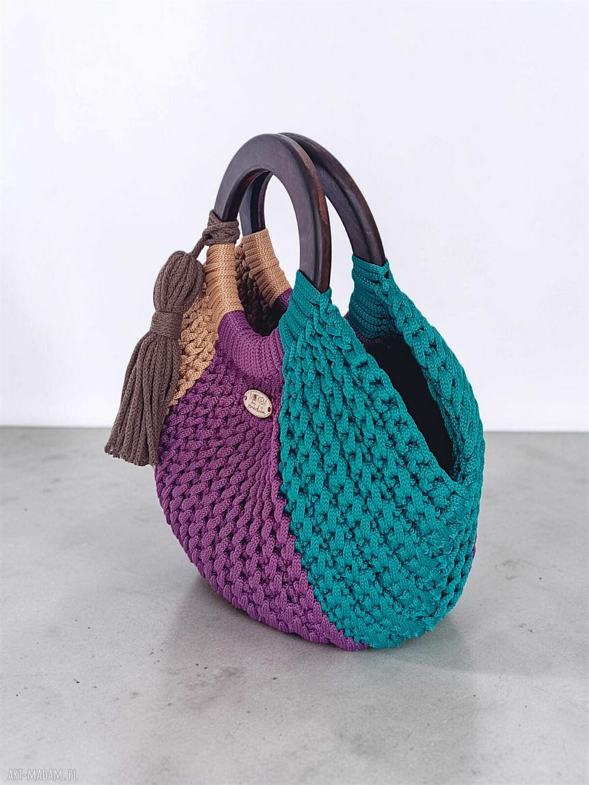 Torebka-koszyk ze sznurka poliestrowego z drewnianymi uchwytami - handmade
