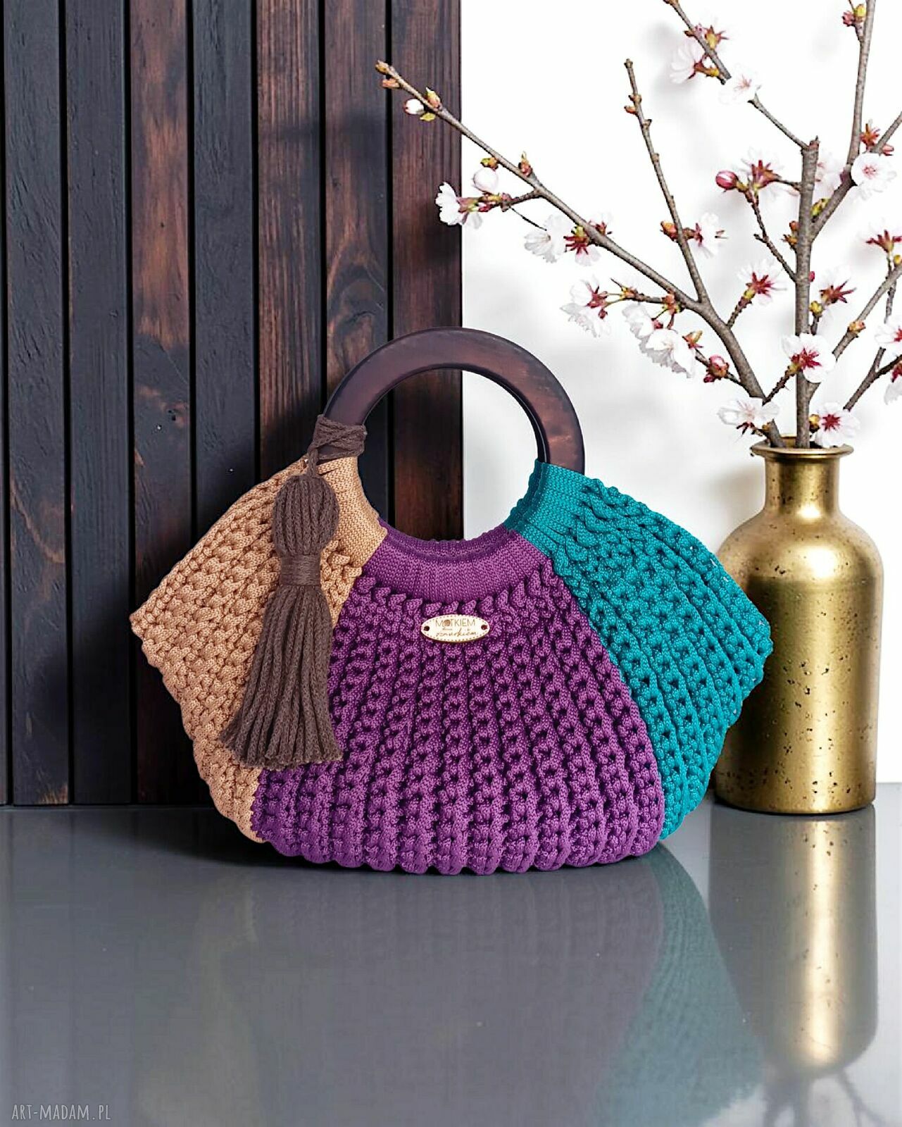 Torebka-koszyk ze sznurka poliestrowego z drewnianymi uchwytami - handmade