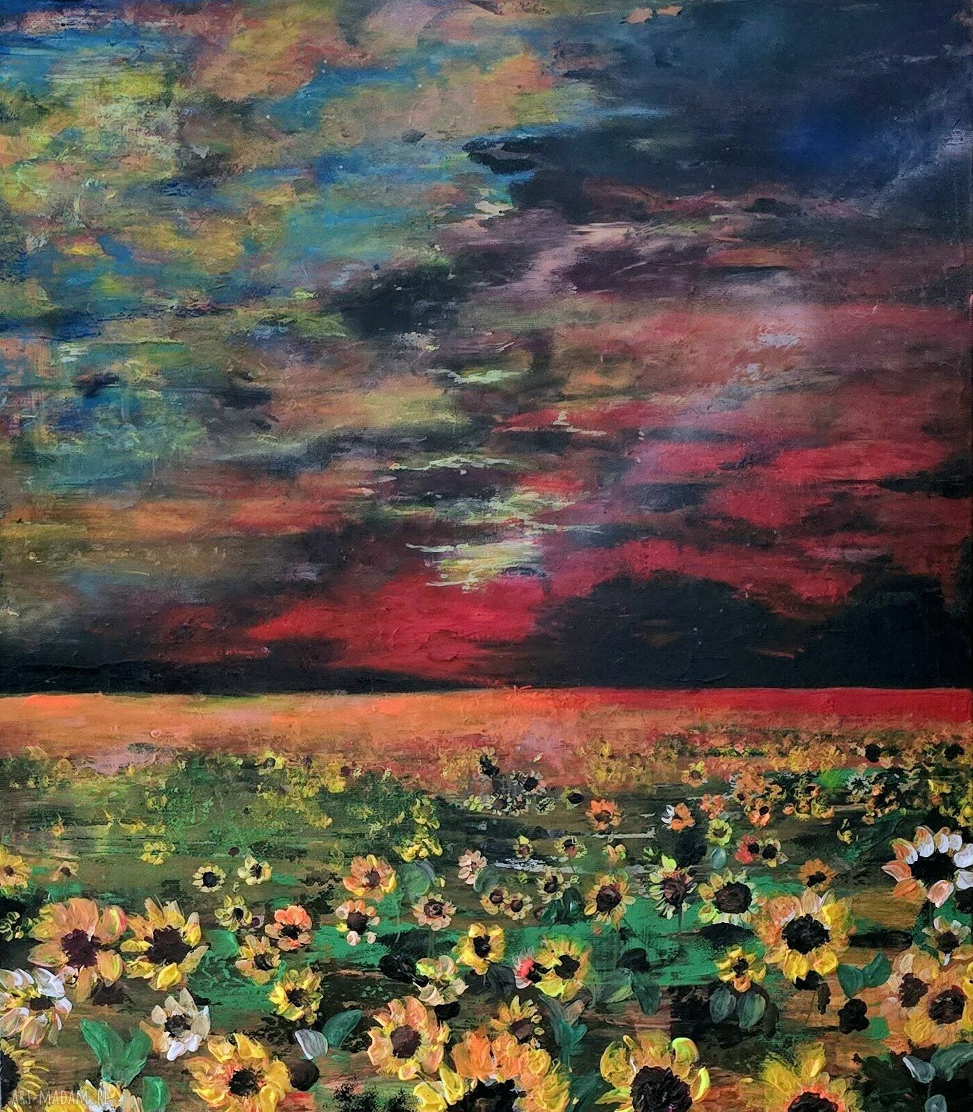 Obraz akrylowy Toskania: słoneczniki i zachód słońca 80x60 cm, gotowy do zawieszenia