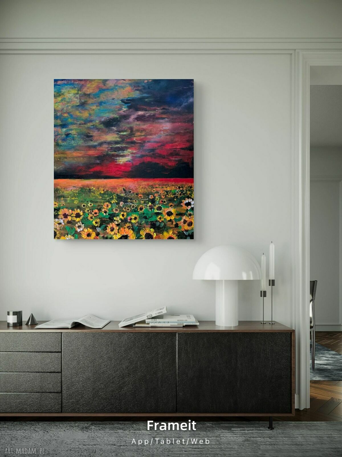 Obraz akrylowy Toskania: słoneczniki i zachód słońca 80x60 cm, gotowy do zawieszenia