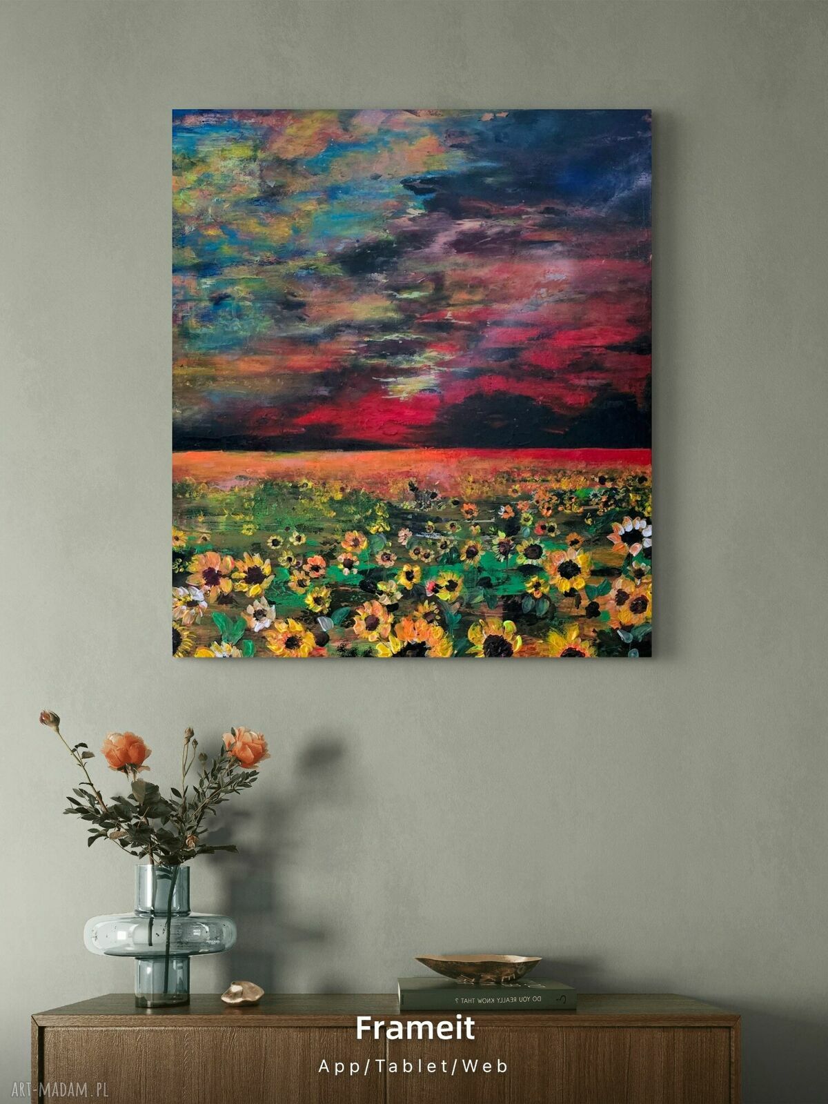 Obraz akrylowy Toskania: słoneczniki i zachód słońca 80x60 cm, gotowy do zawieszenia