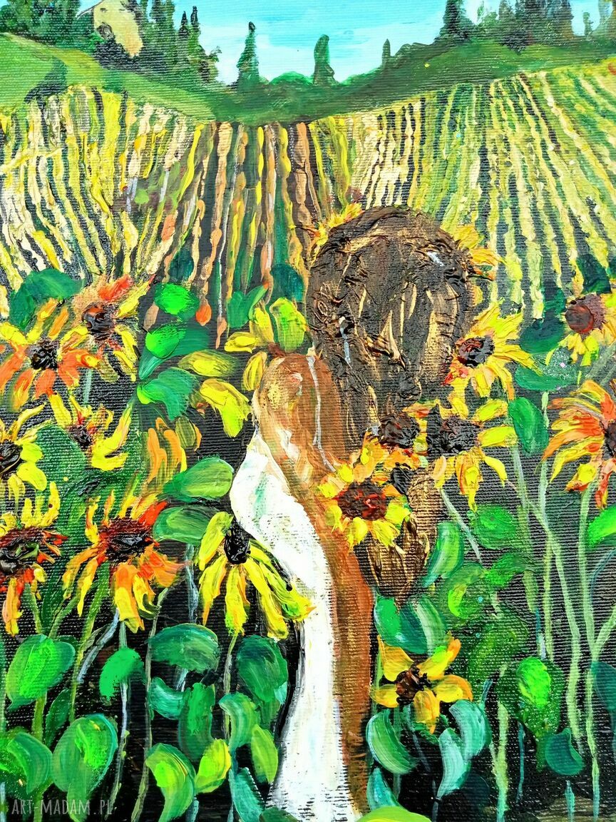 Toskańskie chwile - obraz ręcznie malowany ze słonecznikami 40x40 cm