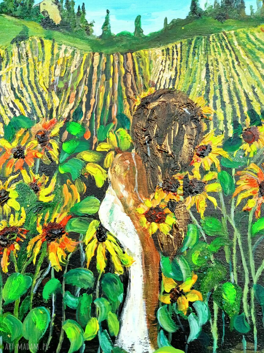 Toskańskie chwile - obraz ręcznie malowany ze słonecznikami 40x40 cm