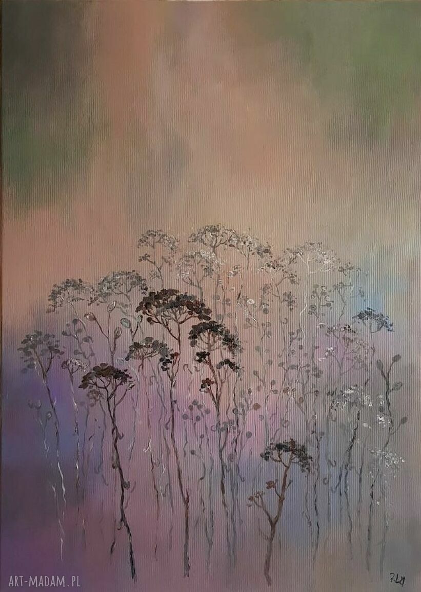 Obraz akrylowy Trawy 50x70 cm - ręcznie malowane fiolet i zieleń