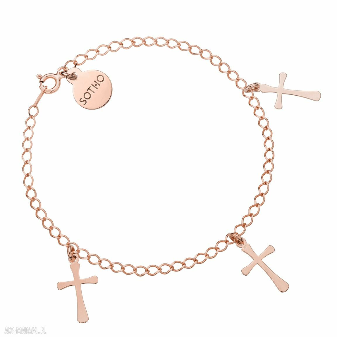 Bransoletka różowego złota trzema krzyżykami łańcuszkowa różowe