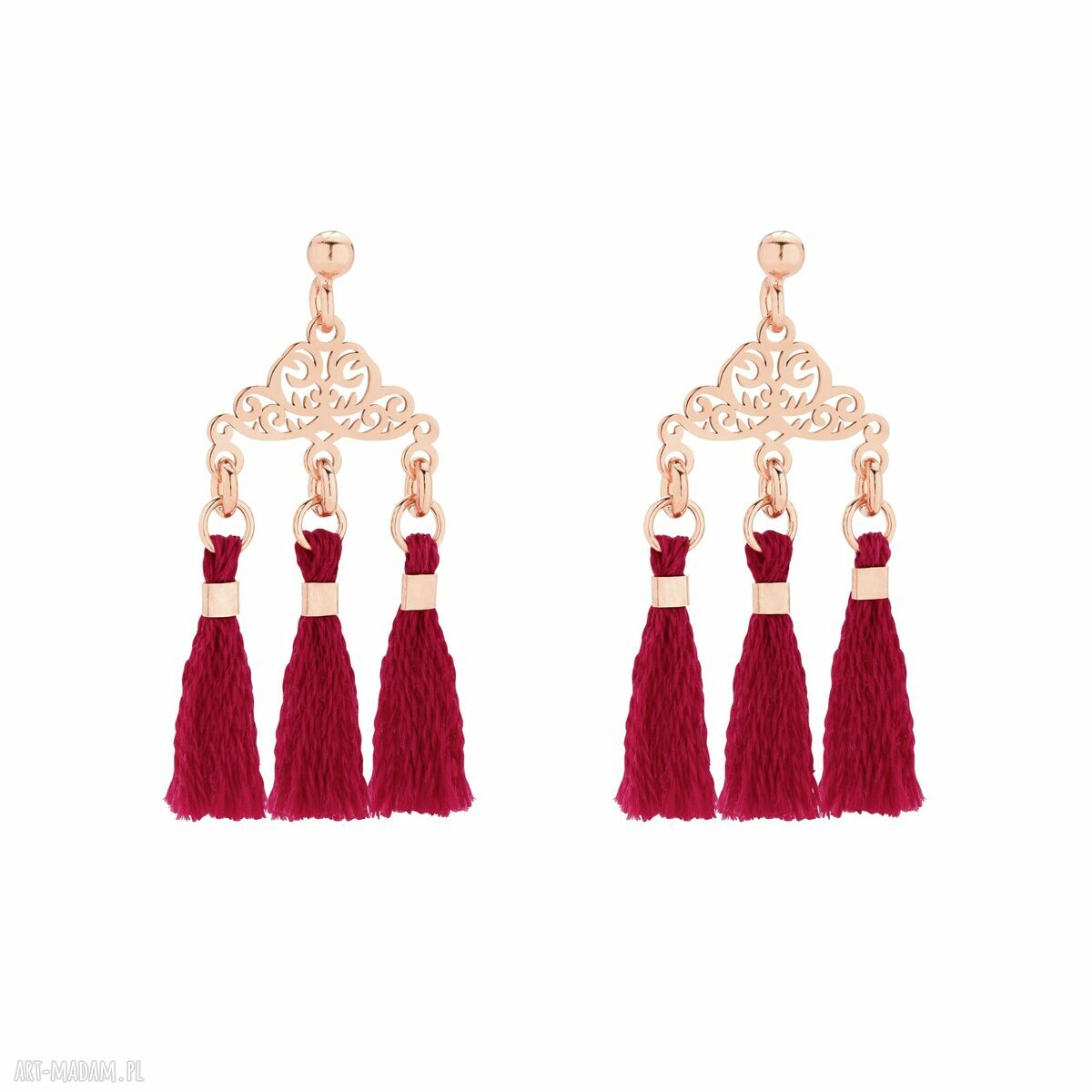 Kolczyki rozetkami różowego złota trzema bordowymi chwostami
