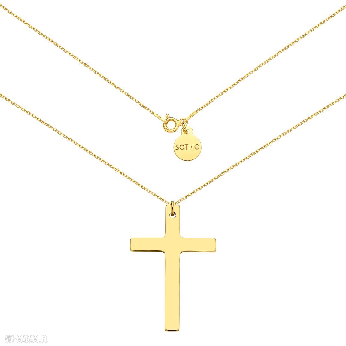 Złoty naszyjnik dużym krzyżem modowy trendy krzyżyk żółte