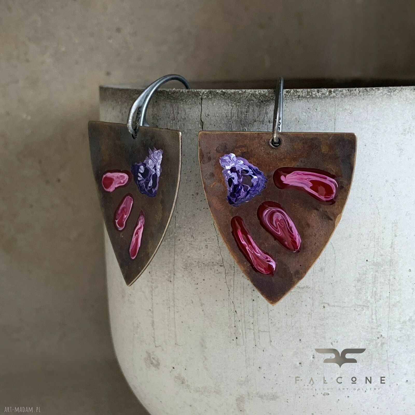 Kolczyki Triangle with Exotic Flowers - Ruby & Purple