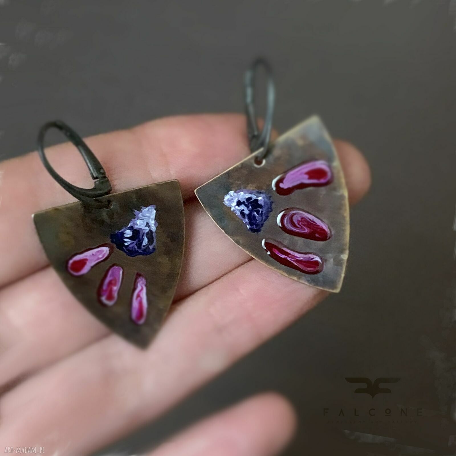 Kolczyki Triangle with Exotic Flowers - Ruby & Purple