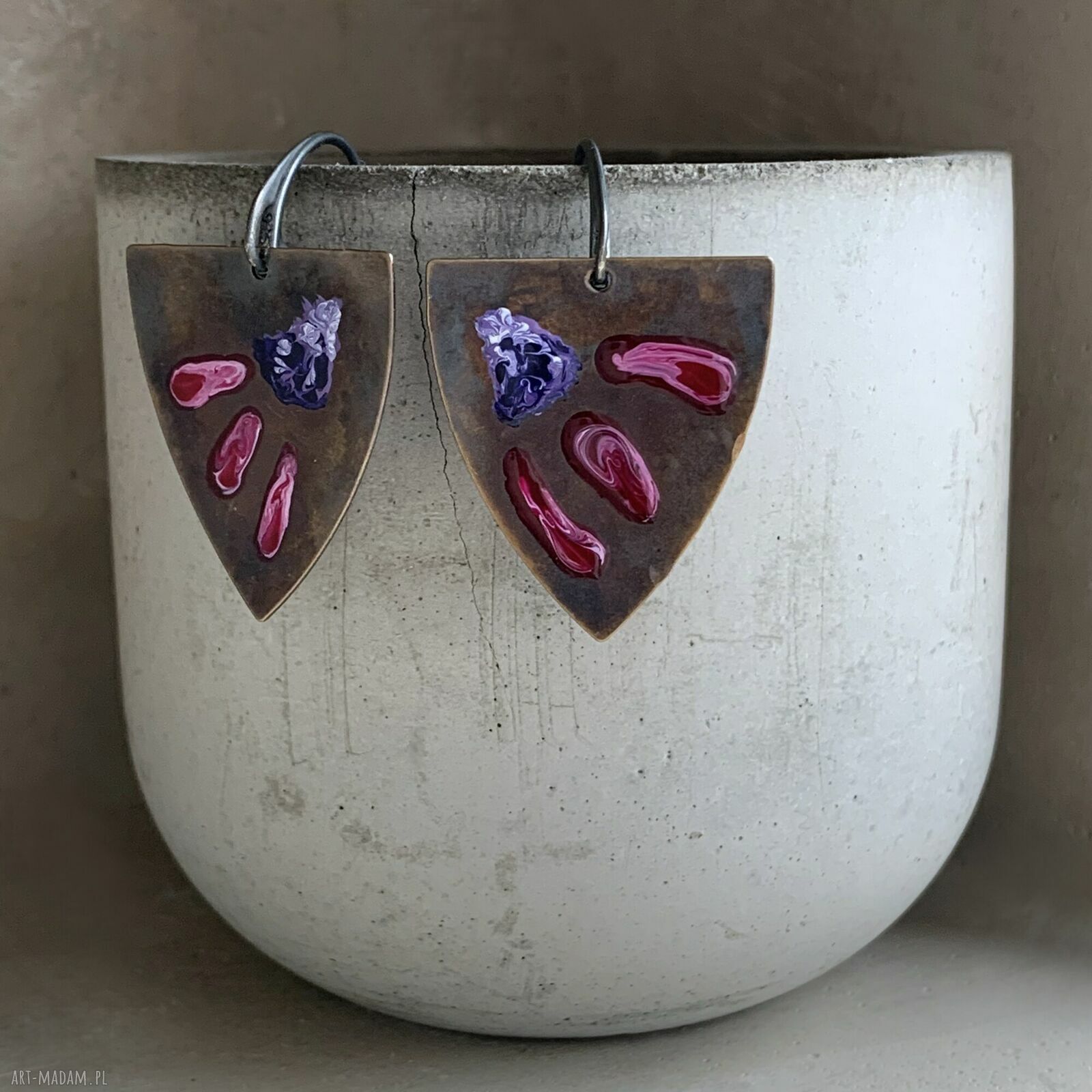 Kolczyki Triangle with Exotic Flowers - Ruby & Purple