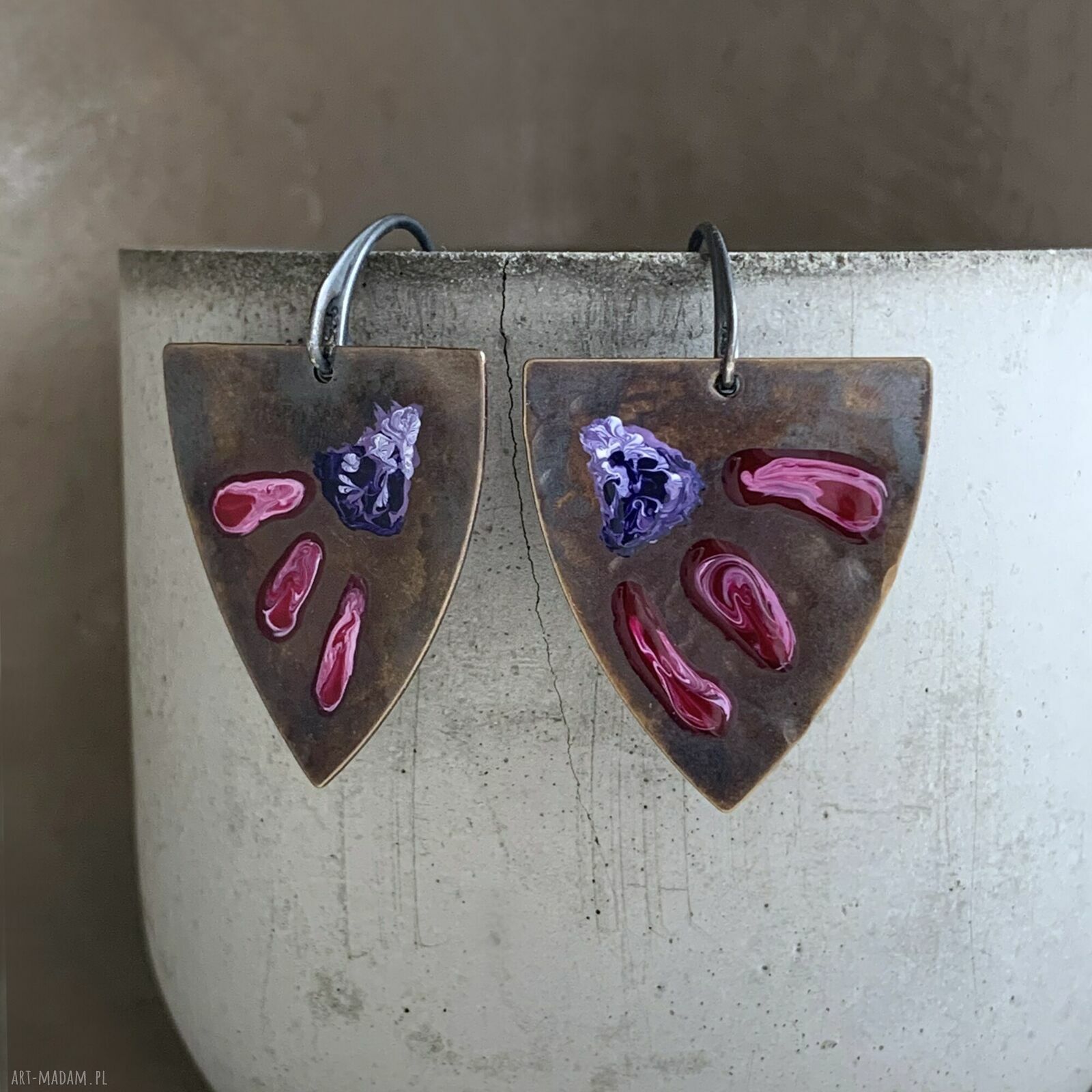 Kolczyki Triangle with Exotic Flowers - Ruby & Purple