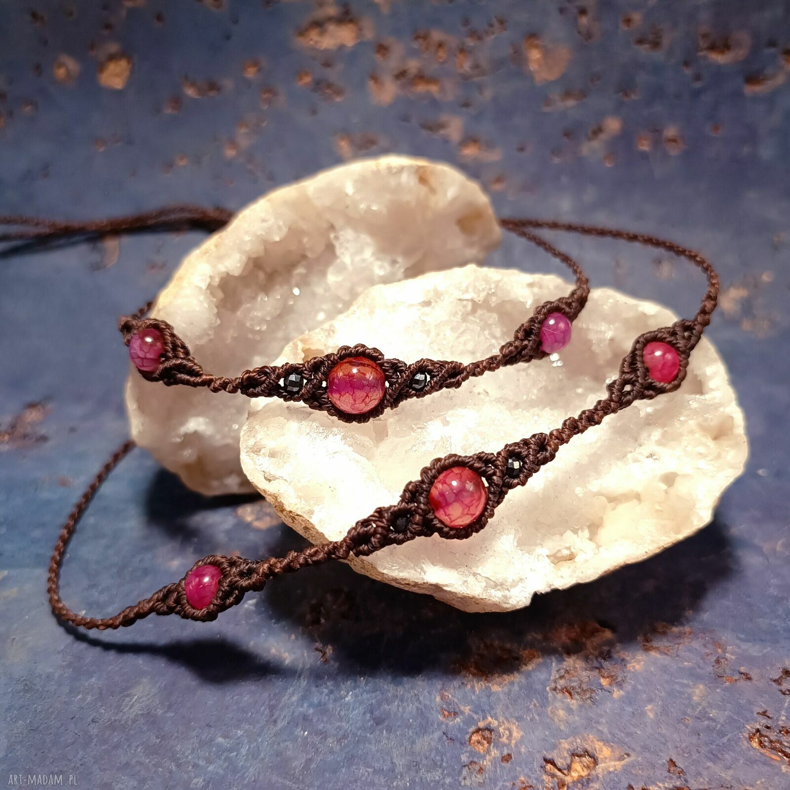 Trio Agat w mikromakrama - komplet naszyjnik choker i bransoletka (regulowany)