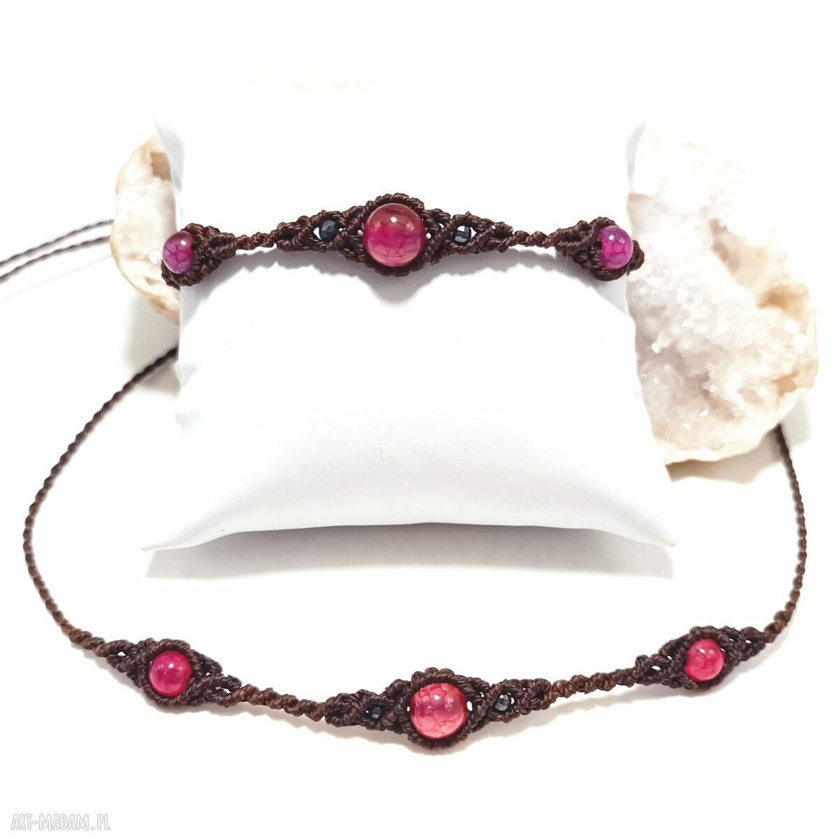 Trio Agat w mikromakrama - komplet naszyjnik choker i bransoletka (regulowany)