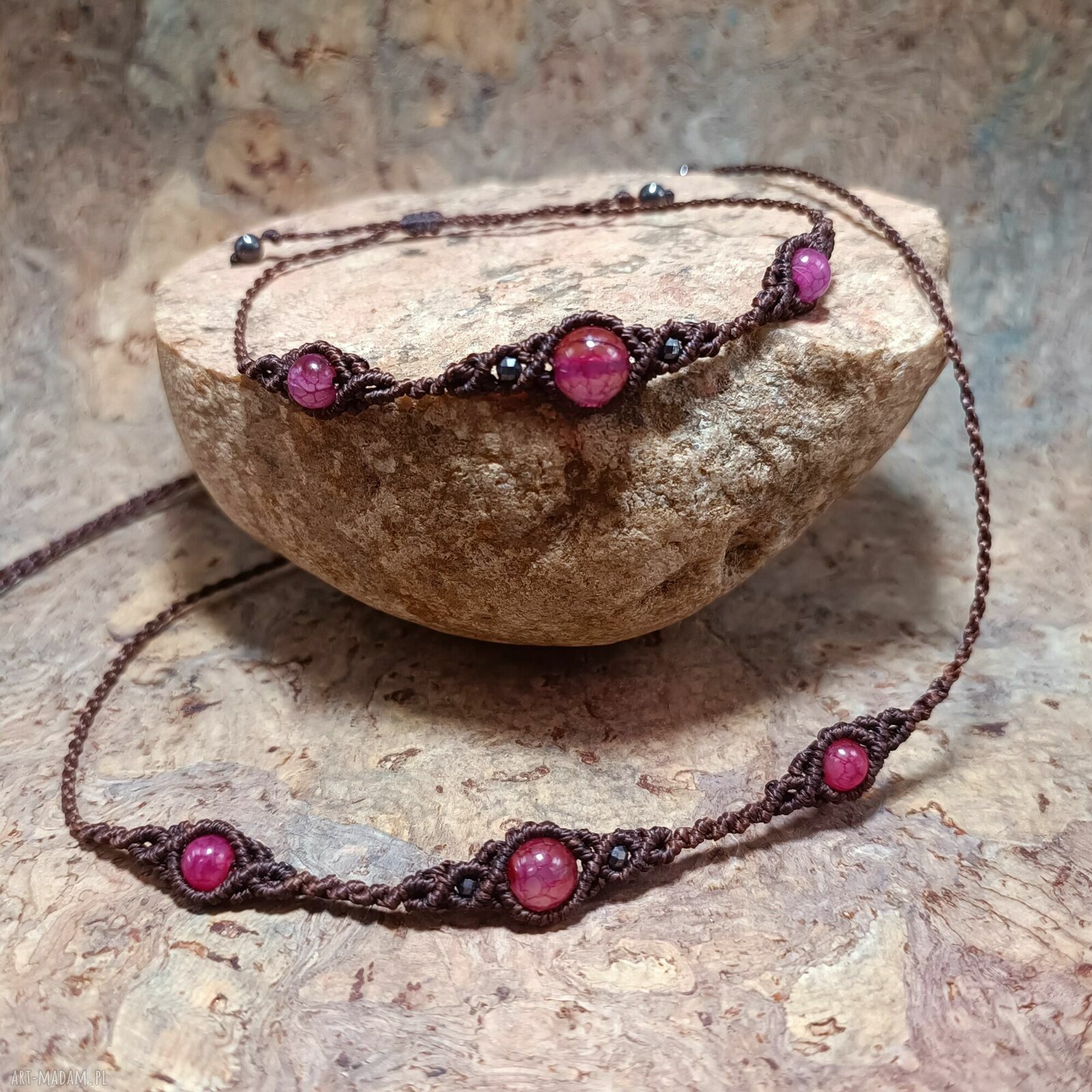 Trio Agat w mikromakrama - komplet naszyjnik choker i bransoletka regulowany